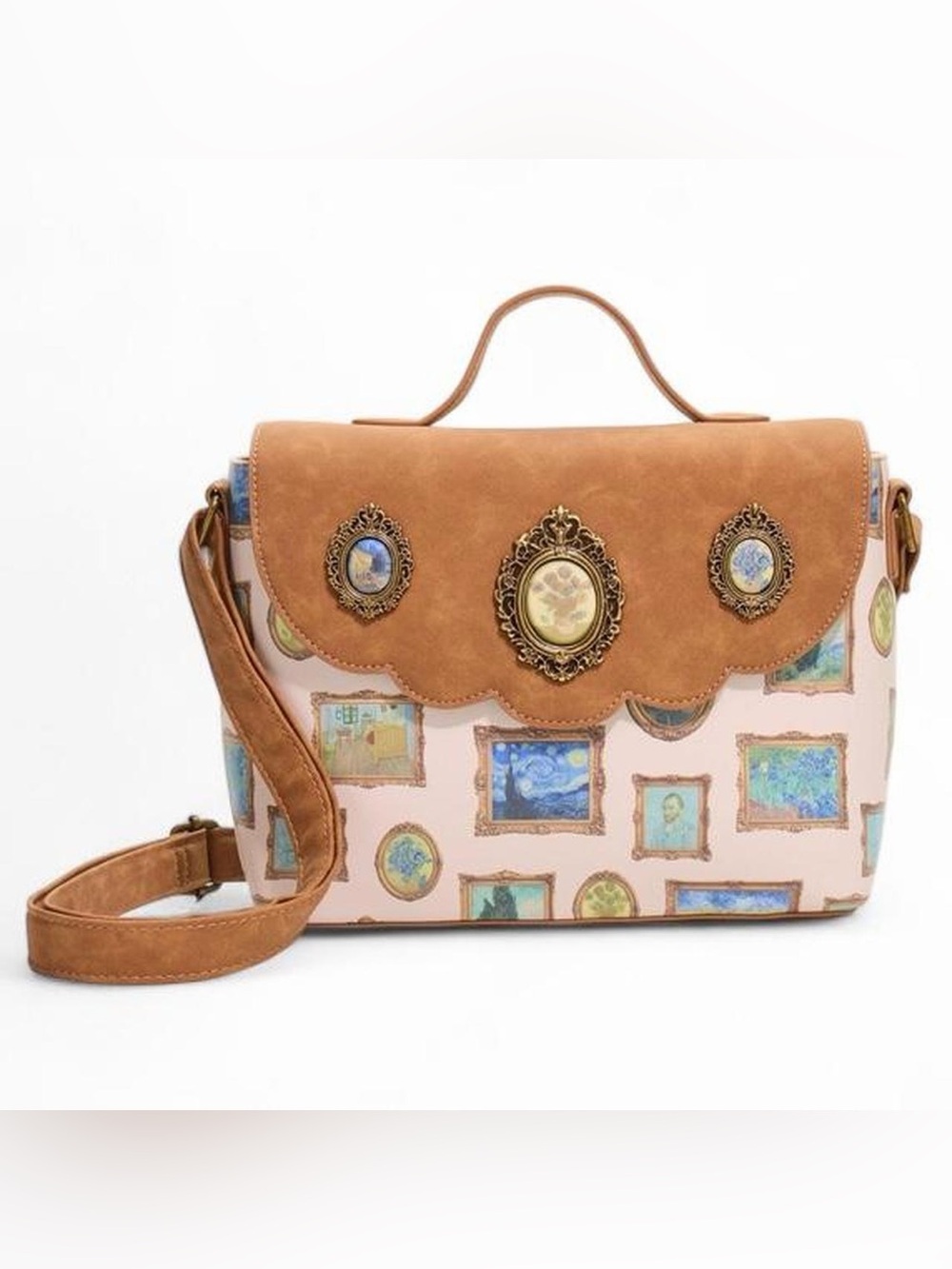 Van Gogh Art Print Crossbody Satchel - Tan and Pink